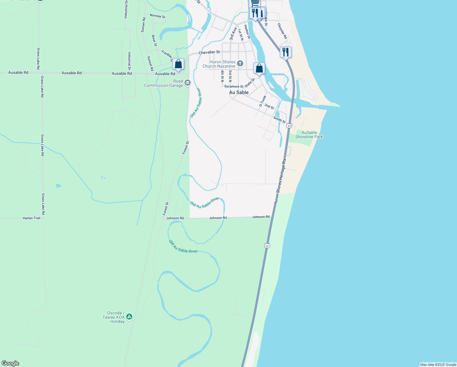 map of restaurants, bars, coffee shops, grocery stores, and more near 4655 MacKenzie Road in Au Sable Charter Township