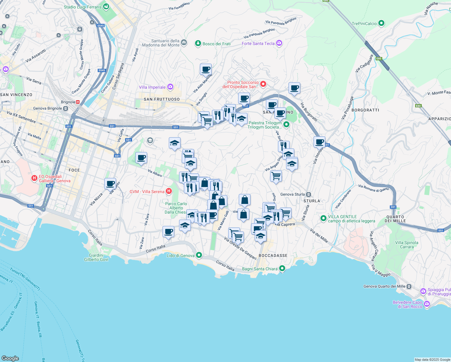 map of restaurants, bars, coffee shops, grocery stores, and more near 13 Viale Francesco Gambaro in Genova