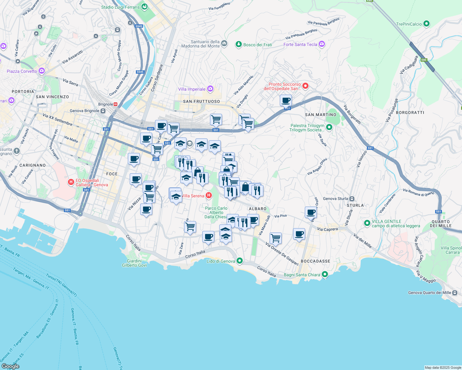 map of restaurants, bars, coffee shops, grocery stores, and more near 12 Via Bocchella in Genova