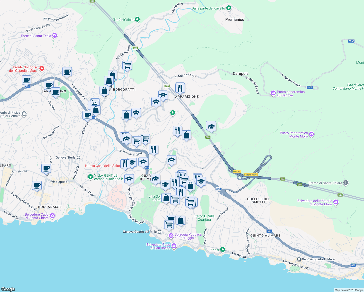 map of restaurants, bars, coffee shops, grocery stores, and more near Via Ciclamini in Genoa