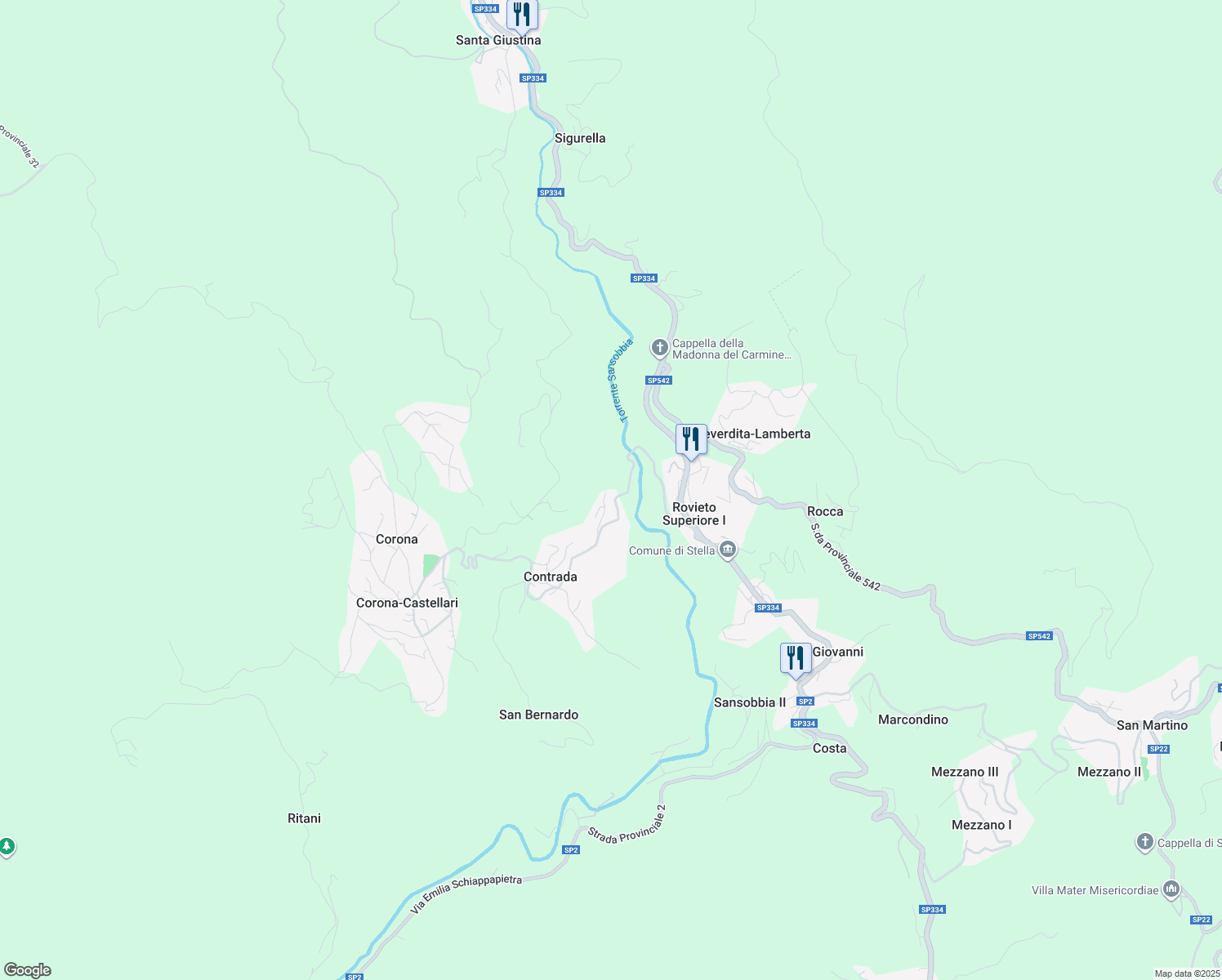 map of restaurants, bars, coffee shops, grocery stores, and more near 46 Località Contrada in Contrada