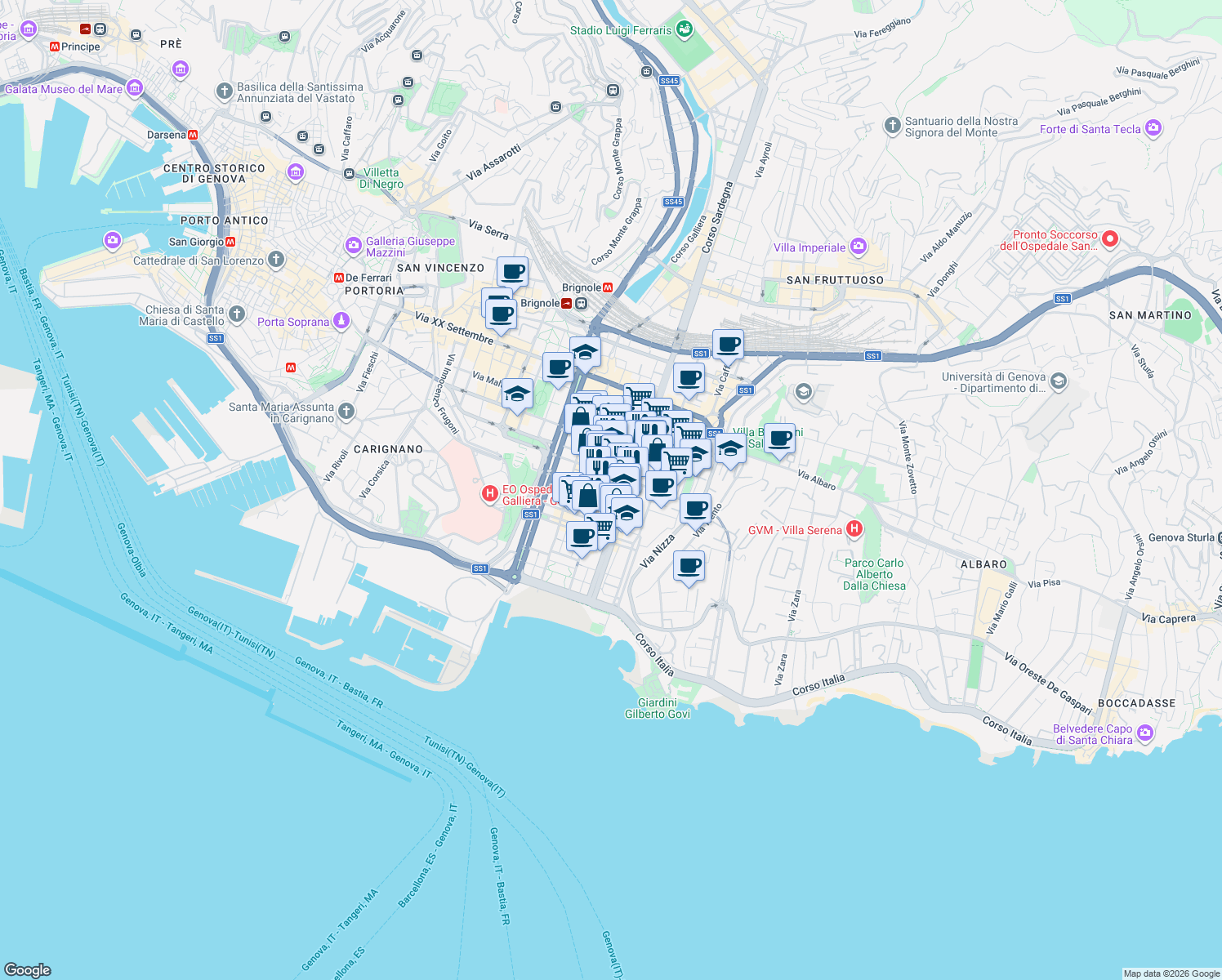 map of restaurants, bars, coffee shops, grocery stores, and more near 82 Via Carlo Barabino in Genova