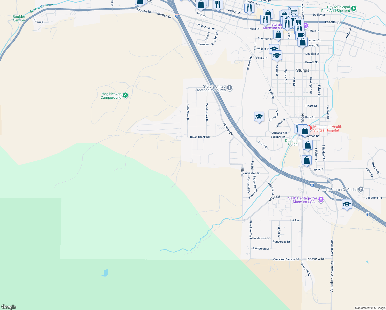 map of restaurants, bars, coffee shops, grocery stores, and more near 2206 Dolan Cr Rd in Sturgis