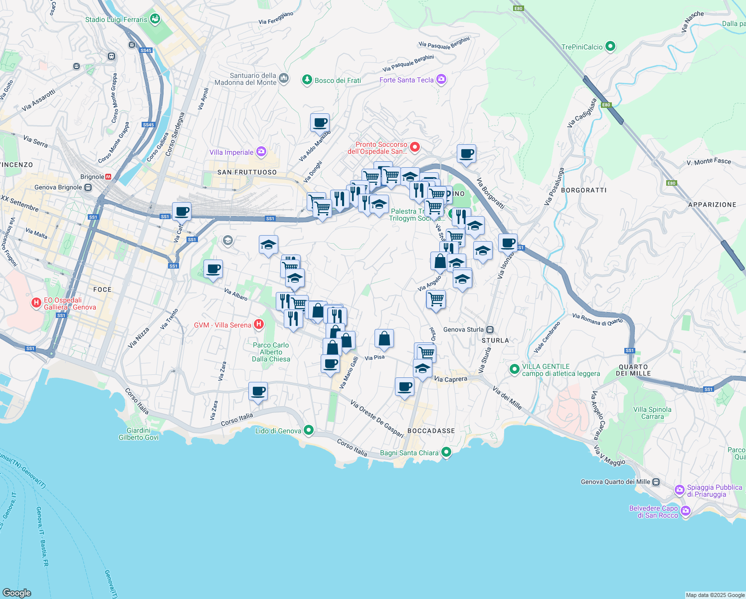 map of restaurants, bars, coffee shops, grocery stores, and more near 34 Via Edoardo Jenner in Genova