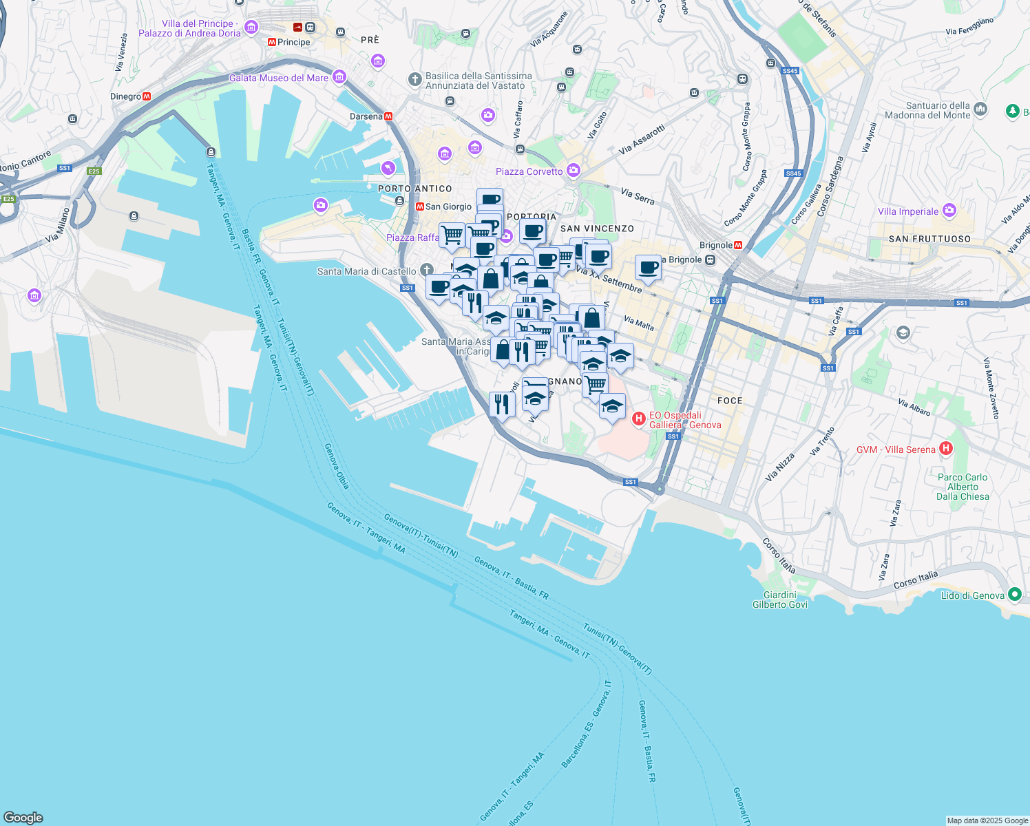 map of restaurants, bars, coffee shops, grocery stores, and more near Via Rivoli in Genoa