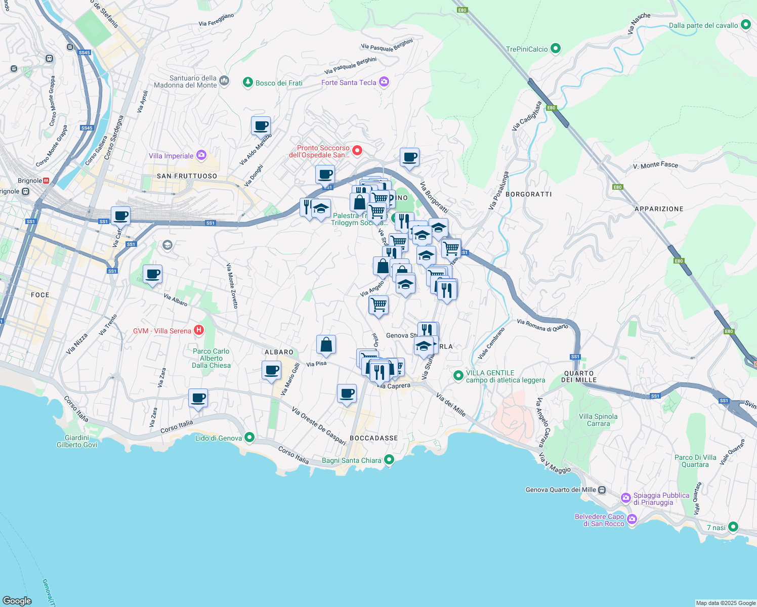 map of restaurants, bars, coffee shops, grocery stores, and more near 75 Via San Pio X in Genova