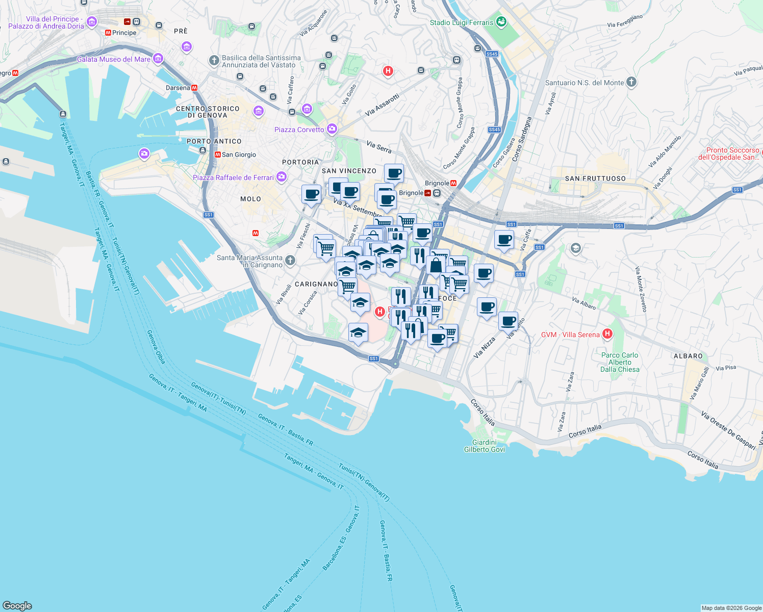 map of restaurants, bars, coffee shops, grocery stores, and more near 2 Via Mura delle Cappuccine in Genova