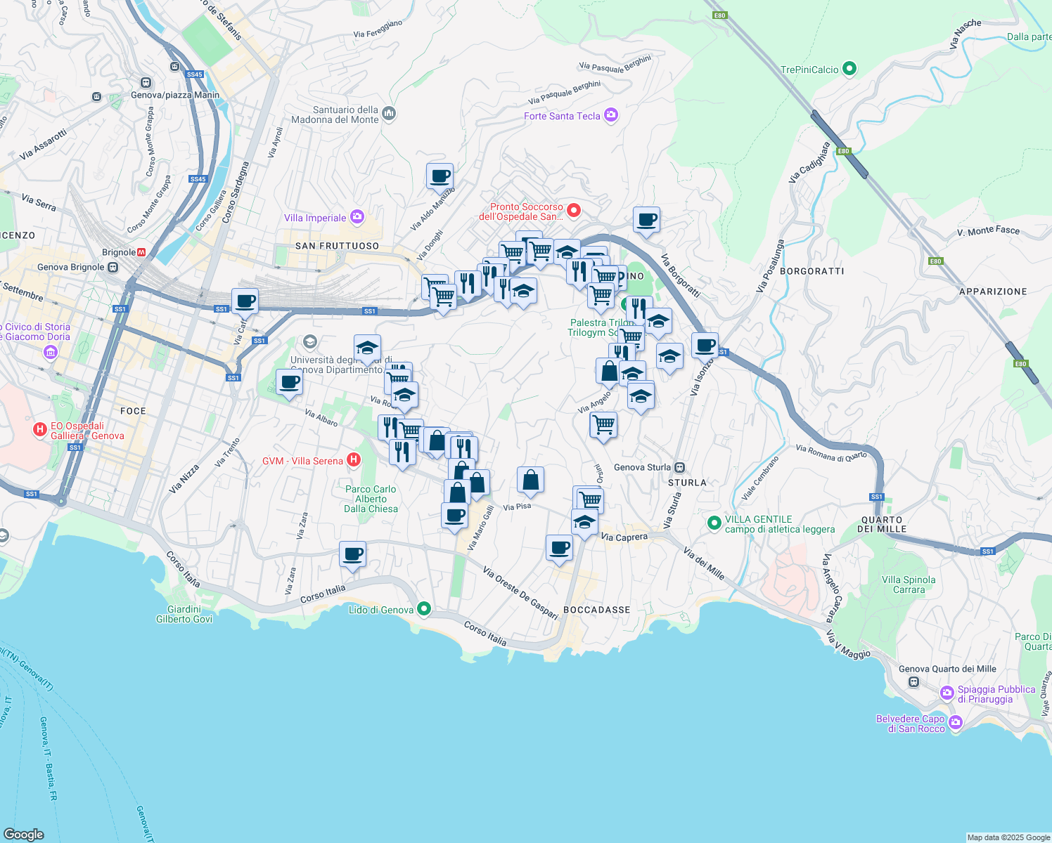 map of restaurants, bars, coffee shops, grocery stores, and more near 34 Via Edoardo Jenner in Genoa