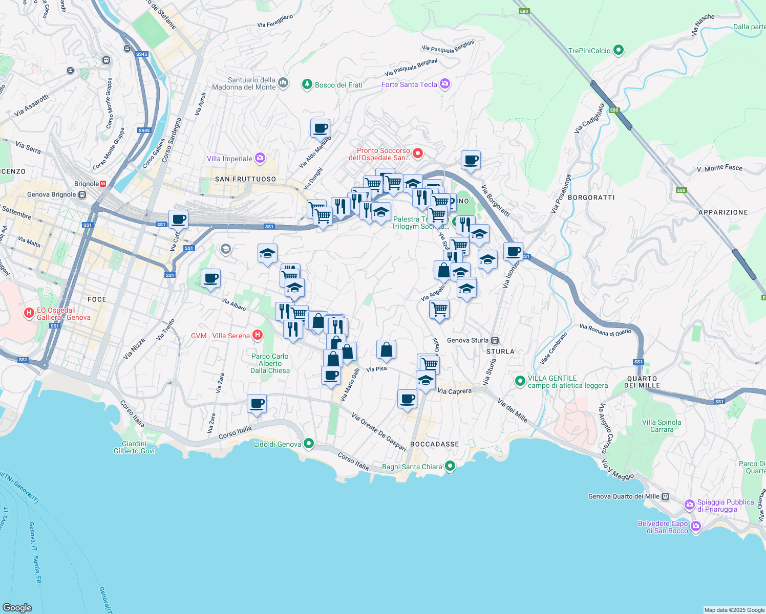 map of restaurants, bars, coffee shops, grocery stores, and more near 34 Via Edoardo Jenner in Genoa