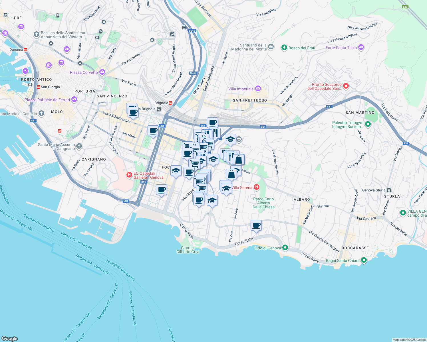 map of restaurants, bars, coffee shops, grocery stores, and more near 42 Via Trento in Genoa