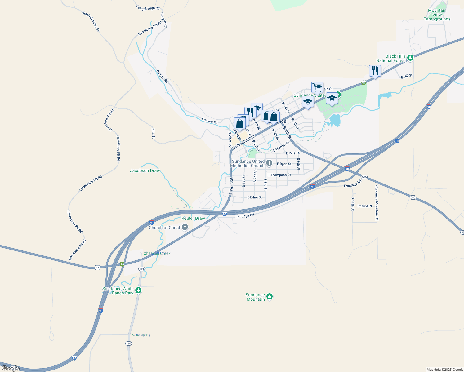 map of restaurants, bars, coffee shops, grocery stores, and more near 123 W Alden St in Sundance