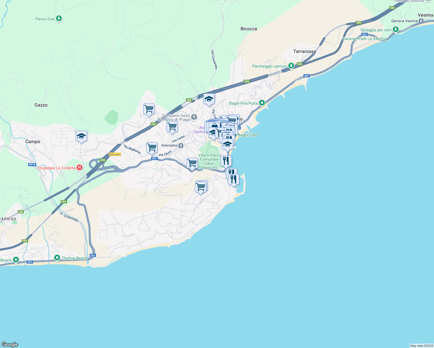 map of restaurants, bars, coffee shops, grocery stores, and more near 4 Via della Pineta in Arenzano