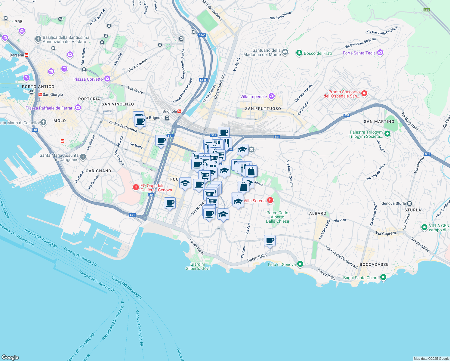 map of restaurants, bars, coffee shops, grocery stores, and more near 42 Via Trento in Genova