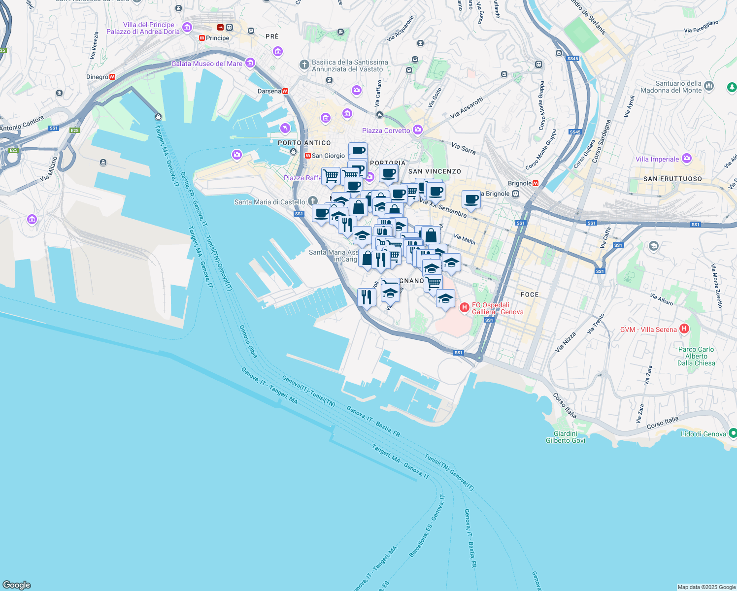 map of restaurants, bars, coffee shops, grocery stores, and more near Via Rivoli in Genova