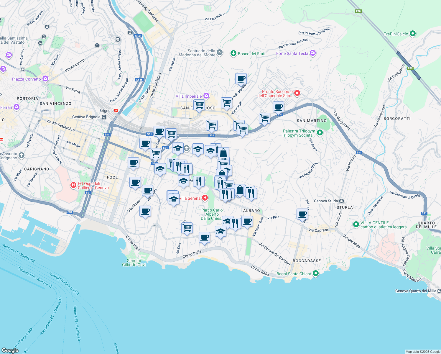 map of restaurants, bars, coffee shops, grocery stores, and more near 12 Via Rodi in Genova