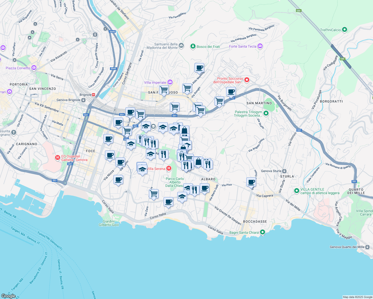 map of restaurants, bars, coffee shops, grocery stores, and more near 12 Via Rodi in Genova
