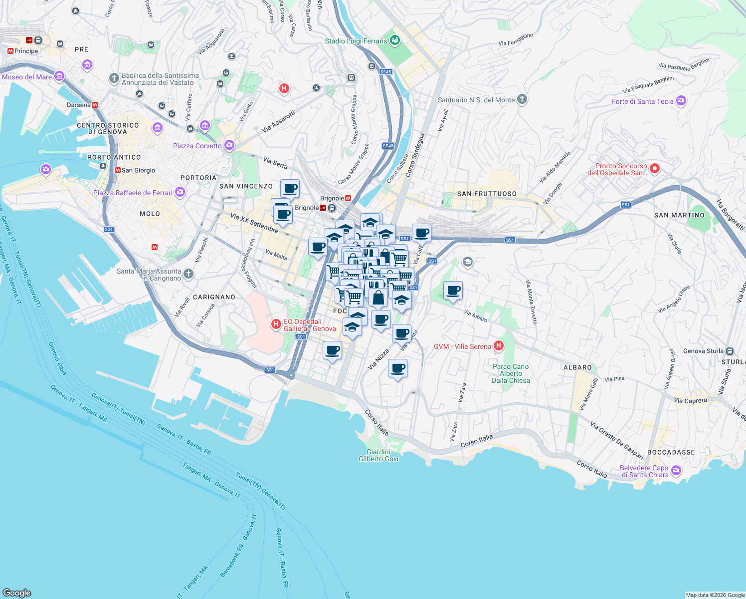 map of restaurants, bars, coffee shops, grocery stores, and more near 30 Corso Torino in Genova