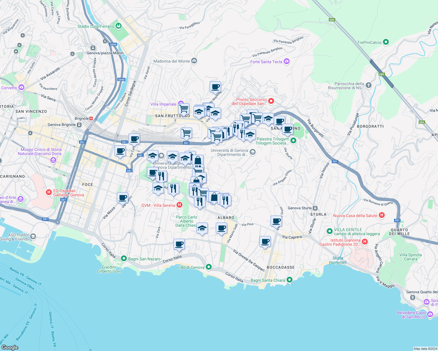 map of restaurants, bars, coffee shops, grocery stores, and more near 2 Via Somalia in Genova