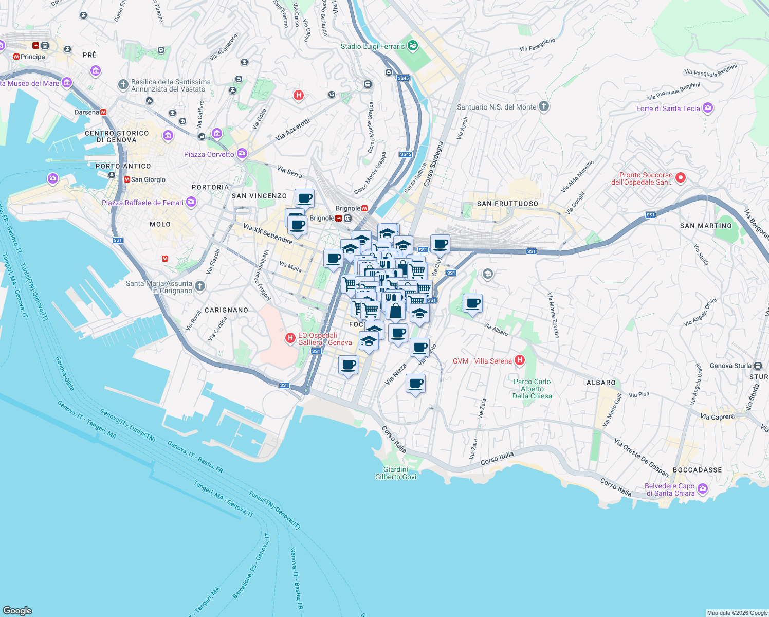 map of restaurants, bars, coffee shops, grocery stores, and more near 30 Corso Torino in Genova
