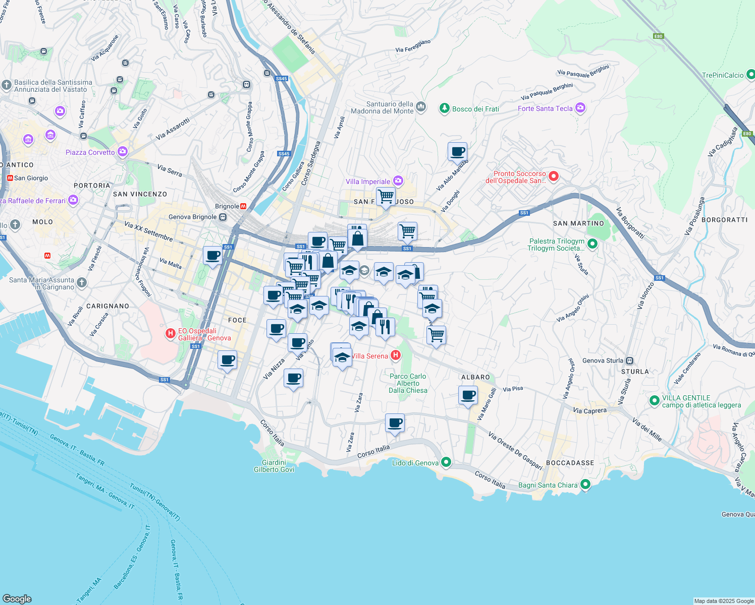 map of restaurants, bars, coffee shops, grocery stores, and more near 7 Via Giorgio Byron in Genova