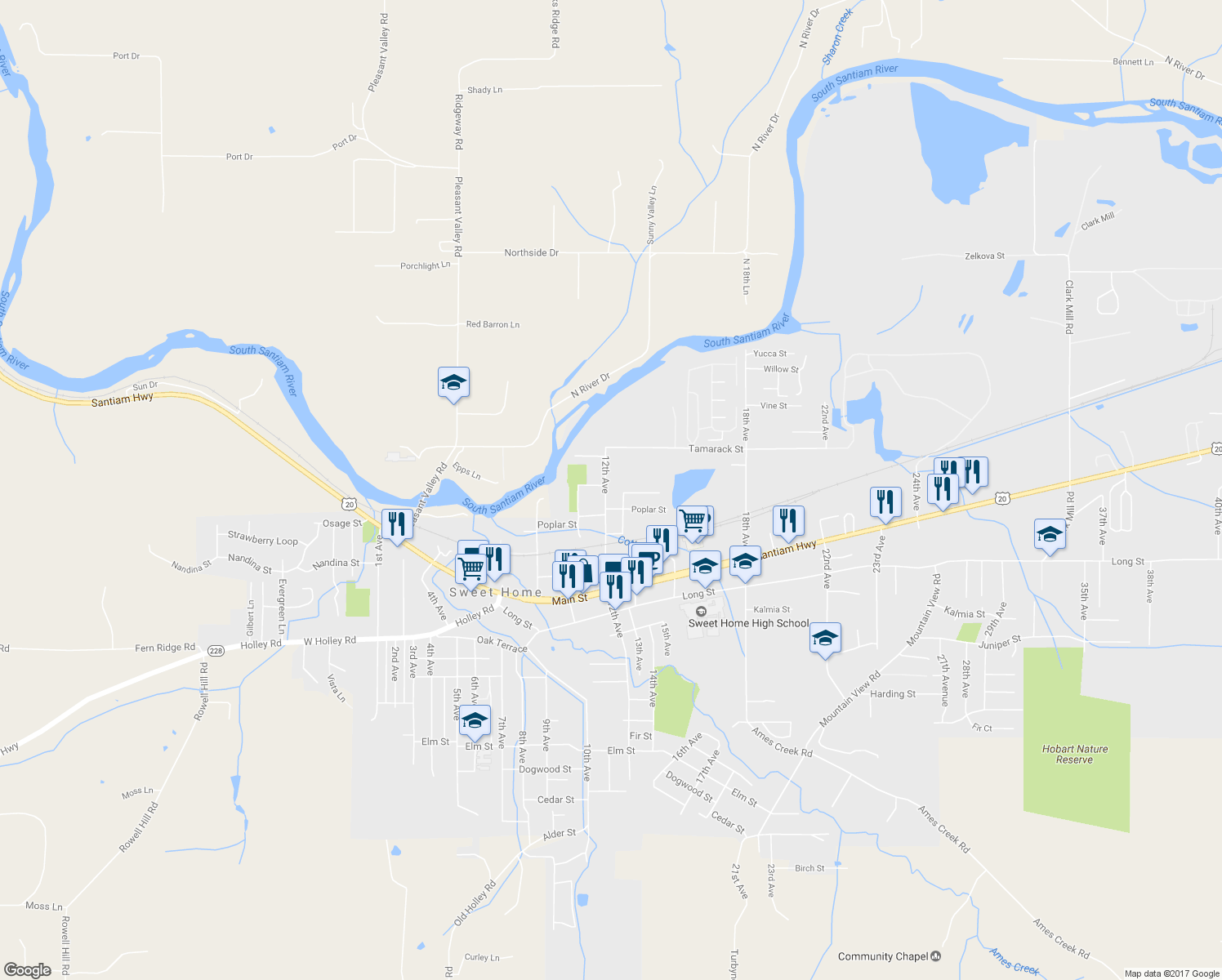 map of restaurants, bars, coffee shops, grocery stores, and more near 1761 12th Ave in Sweet Home