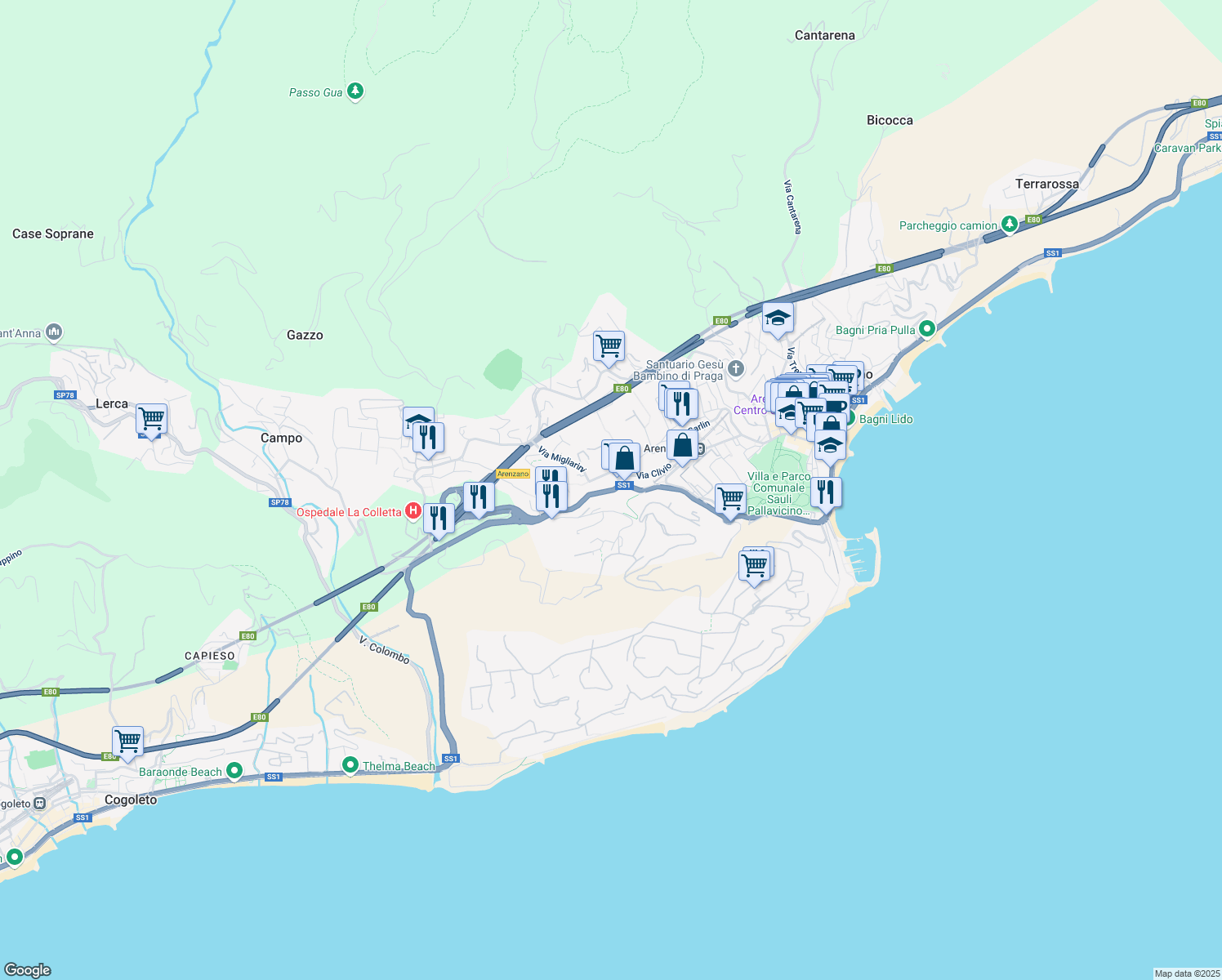 map of restaurants, bars, coffee shops, grocery stores, and more near 89 Via Francia in Arenzano