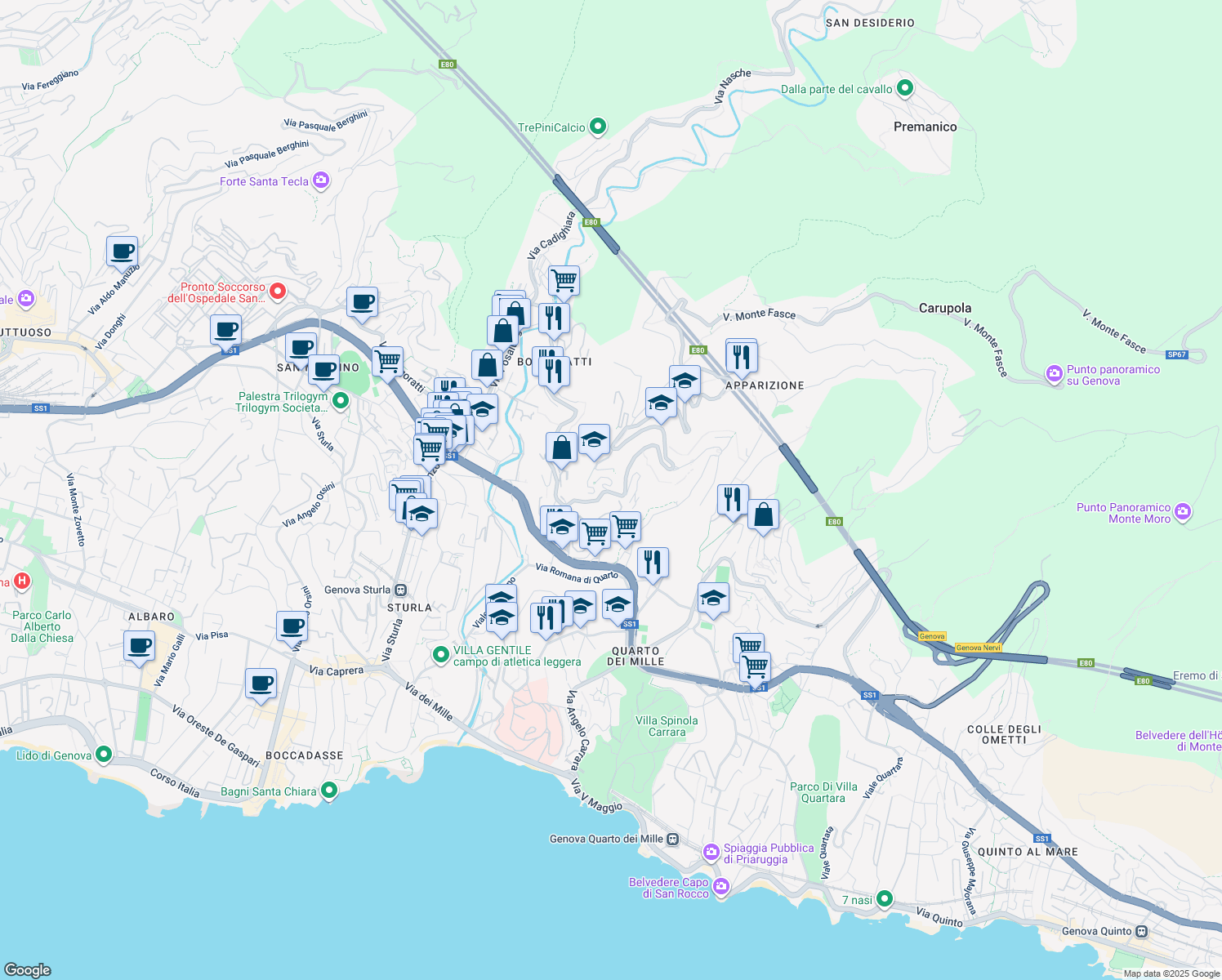 map of restaurants, bars, coffee shops, grocery stores, and more near 8C Via Monaco Simone in Genova