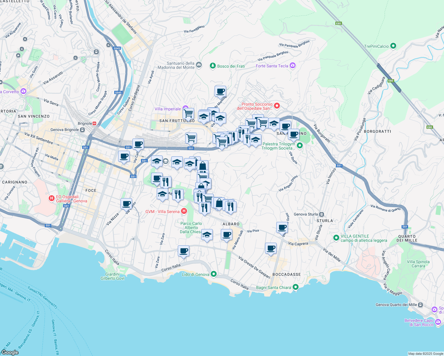 map of restaurants, bars, coffee shops, grocery stores, and more near 2 Via Somalia in Genova