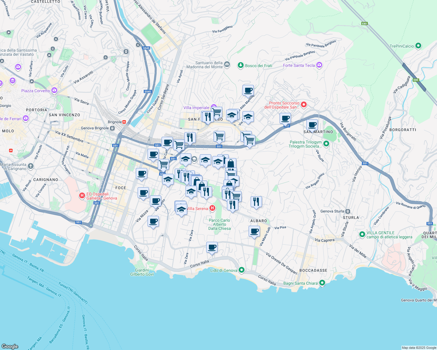map of restaurants, bars, coffee shops, grocery stores, and more near 5 Viale Gofferdo Palazzi in Genova