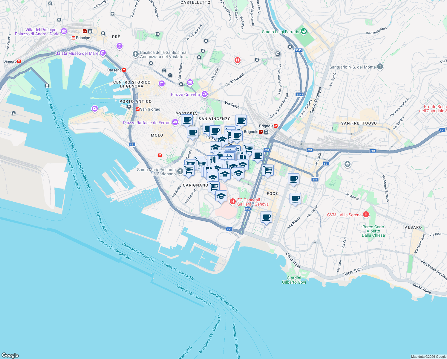map of restaurants, bars, coffee shops, grocery stores, and more near 57 Via Giuseppe Macaggi in Genova