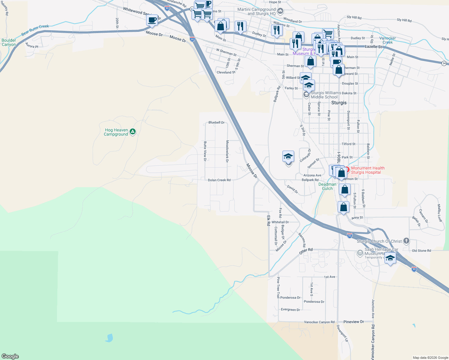 map of restaurants, bars, coffee shops, grocery stores, and more near 2220 Dolan Creek Road in Sturgis