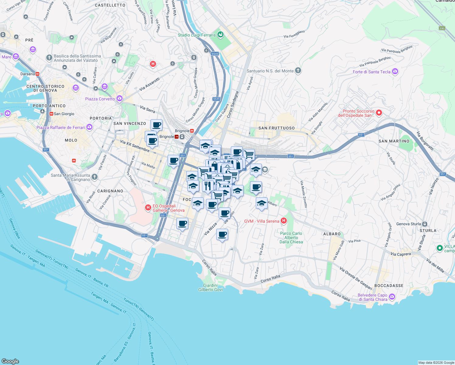 map of restaurants, bars, coffee shops, grocery stores, and more near 1-20 Piazza Tommaseo in Genoa