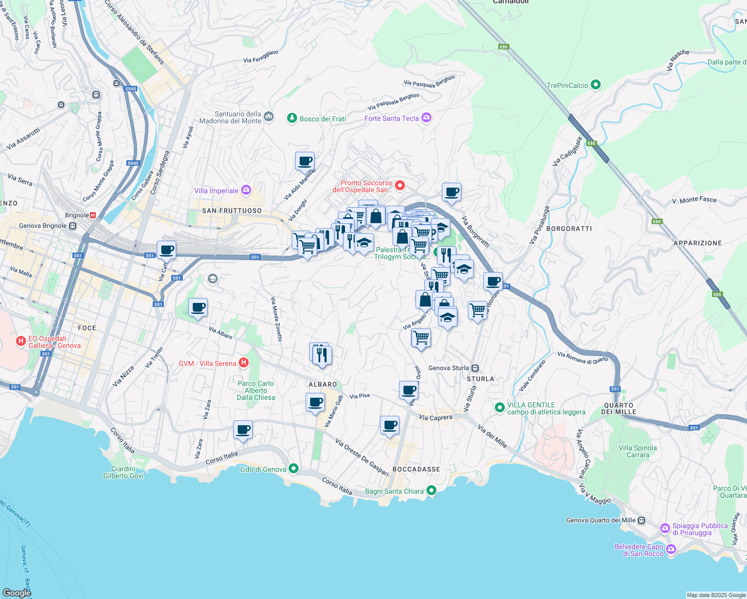 map of restaurants, bars, coffee shops, grocery stores, and more near 29 Via Dodecaneso in Genova