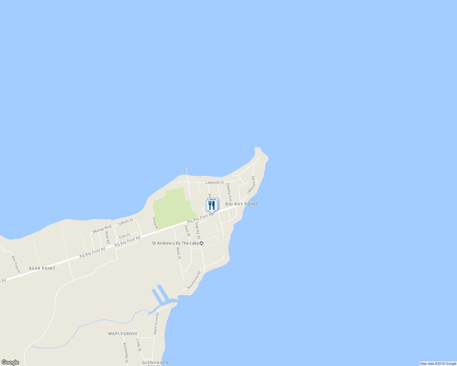 map of restaurants, bars, coffee shops, grocery stores, and more near 47 Lakeside Drive in Innisfil