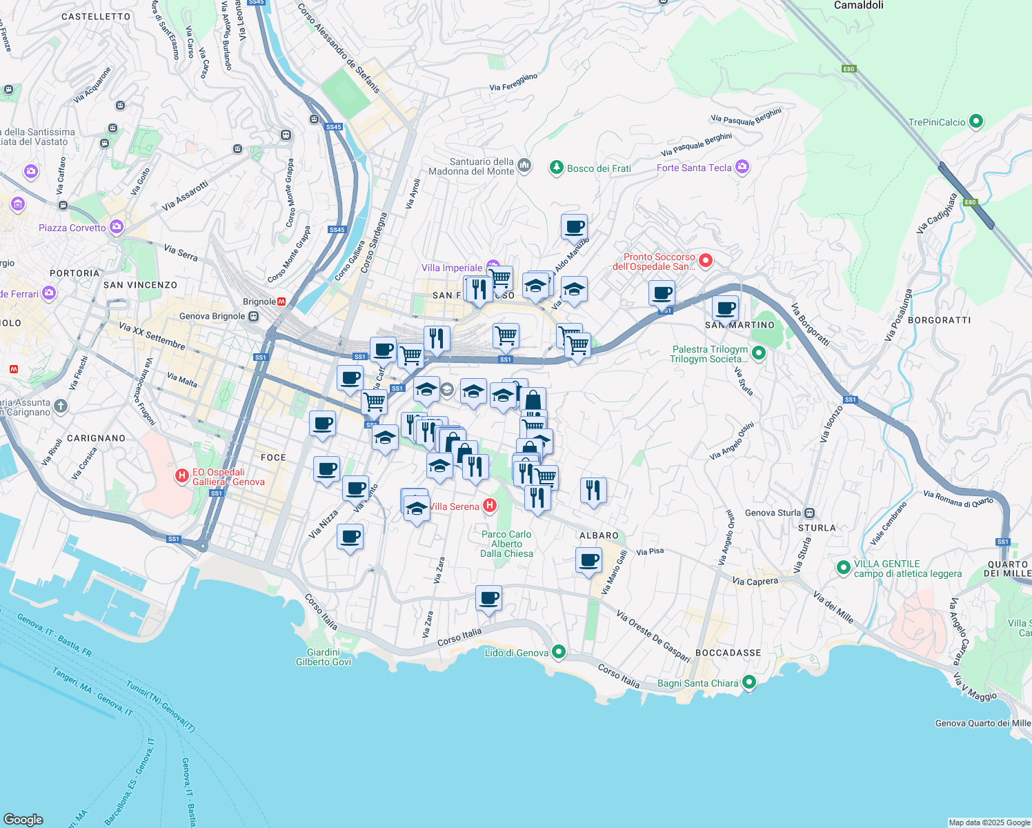 map of restaurants, bars, coffee shops, grocery stores, and more near 5 Viale Goffredo Palazzi in Genova