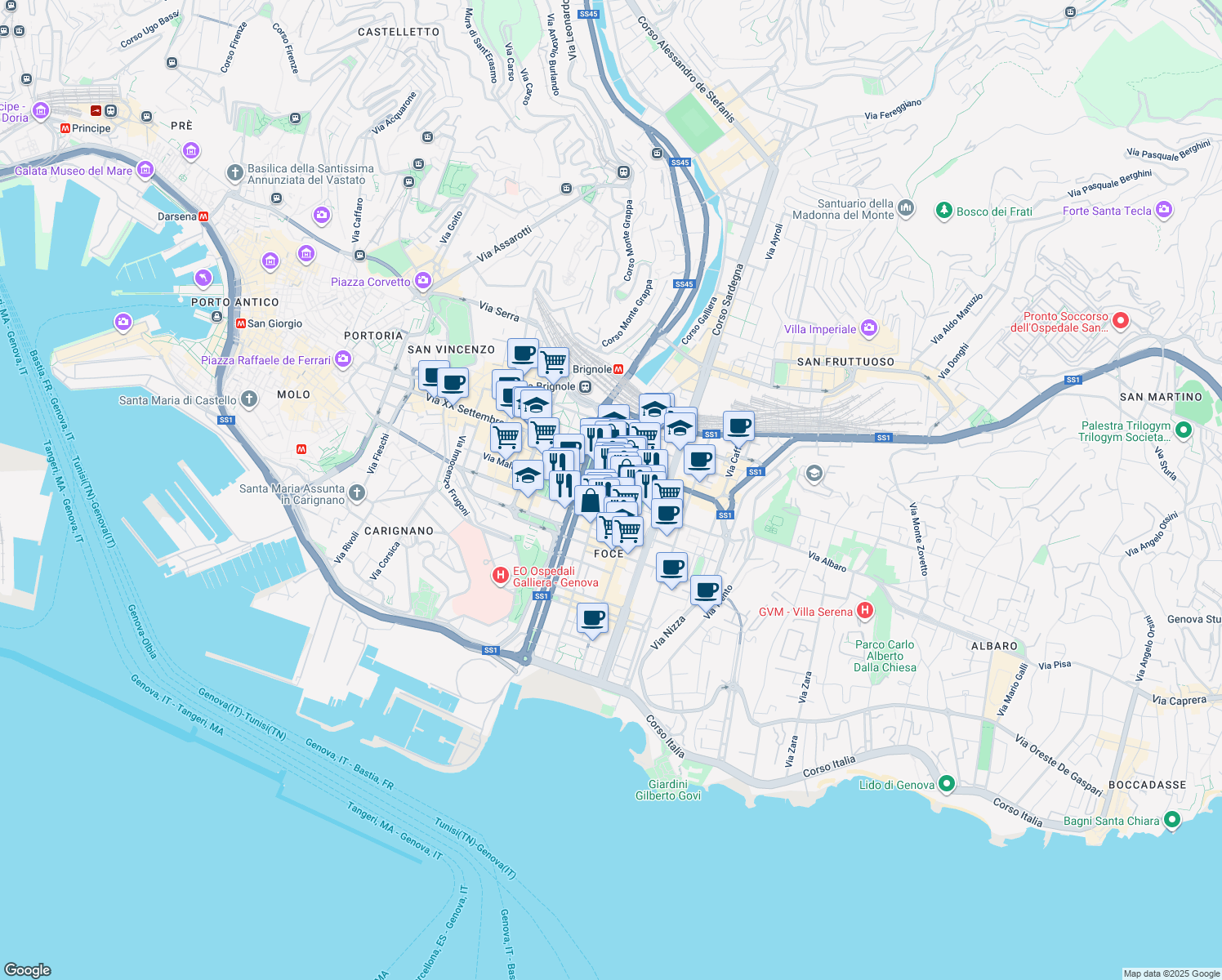 map of restaurants, bars, coffee shops, grocery stores, and more near 10 Viale Brigata Bisagno in Genova