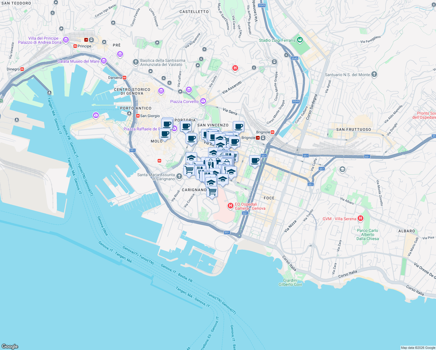 map of restaurants, bars, coffee shops, grocery stores, and more near 10 Via Anton Maria Maragliano in Genoa