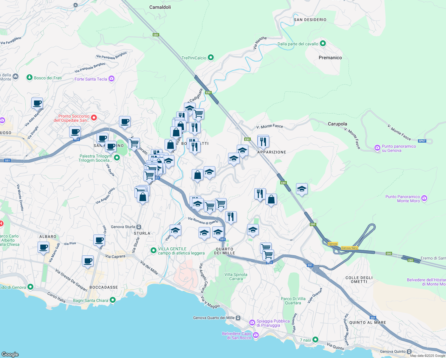 map of restaurants, bars, coffee shops, grocery stores, and more near 13 Via Monaco Simone in Genova