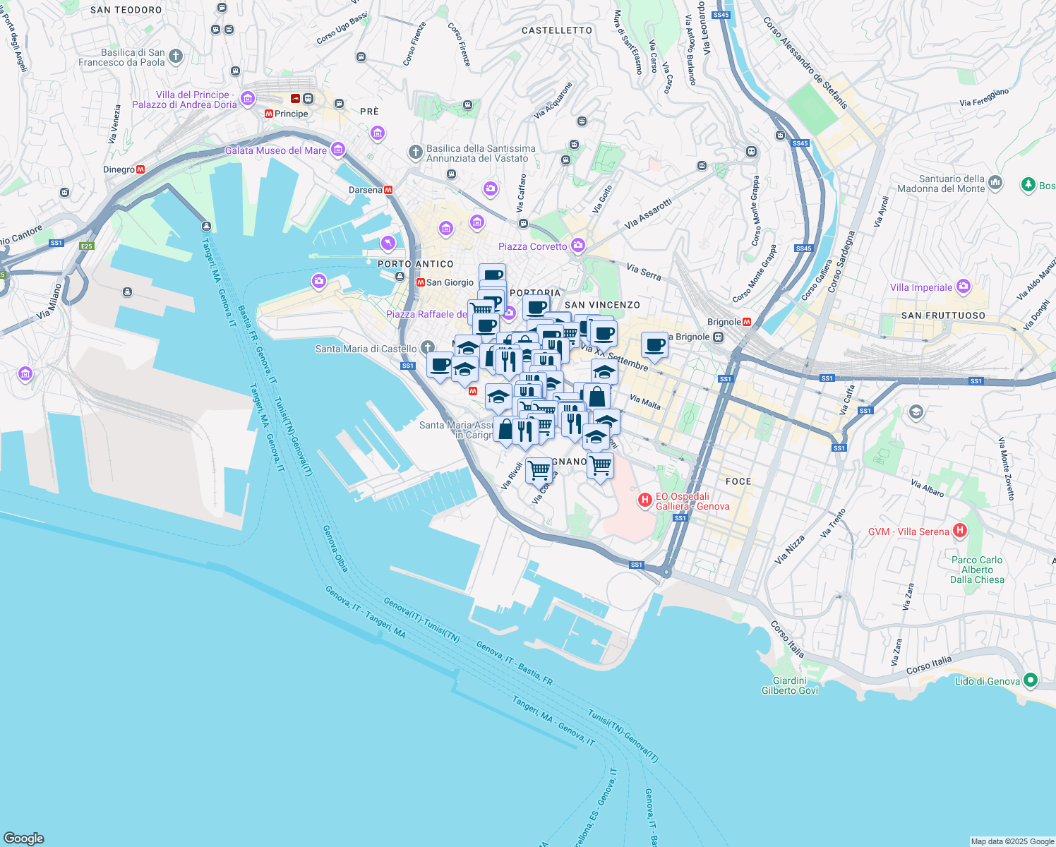 map of restaurants, bars, coffee shops, grocery stores, and more near 18 Via Fieschi in Genova