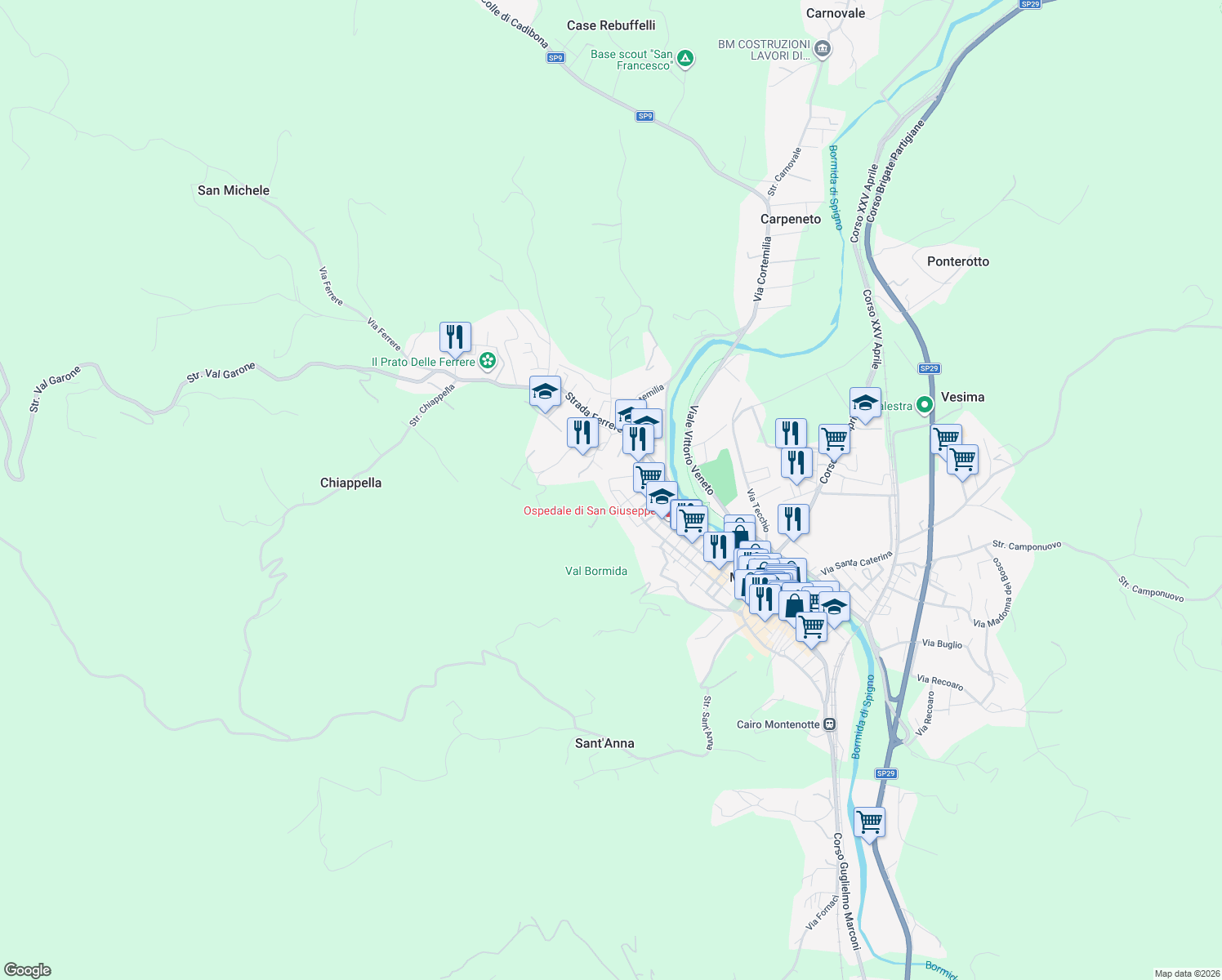map of restaurants, bars, coffee shops, grocery stores, and more near 6 Via Poggio in Cairo Montenotte