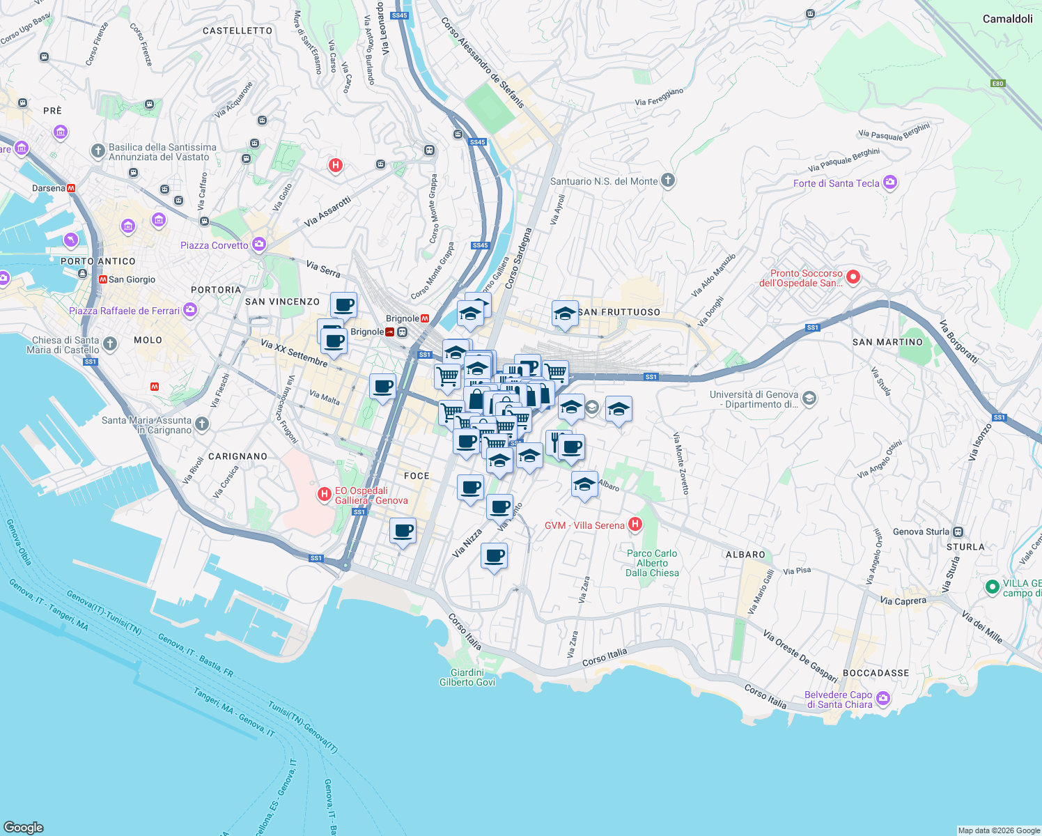 map of restaurants, bars, coffee shops, grocery stores, and more near 2 Via Montevideo in Genoa