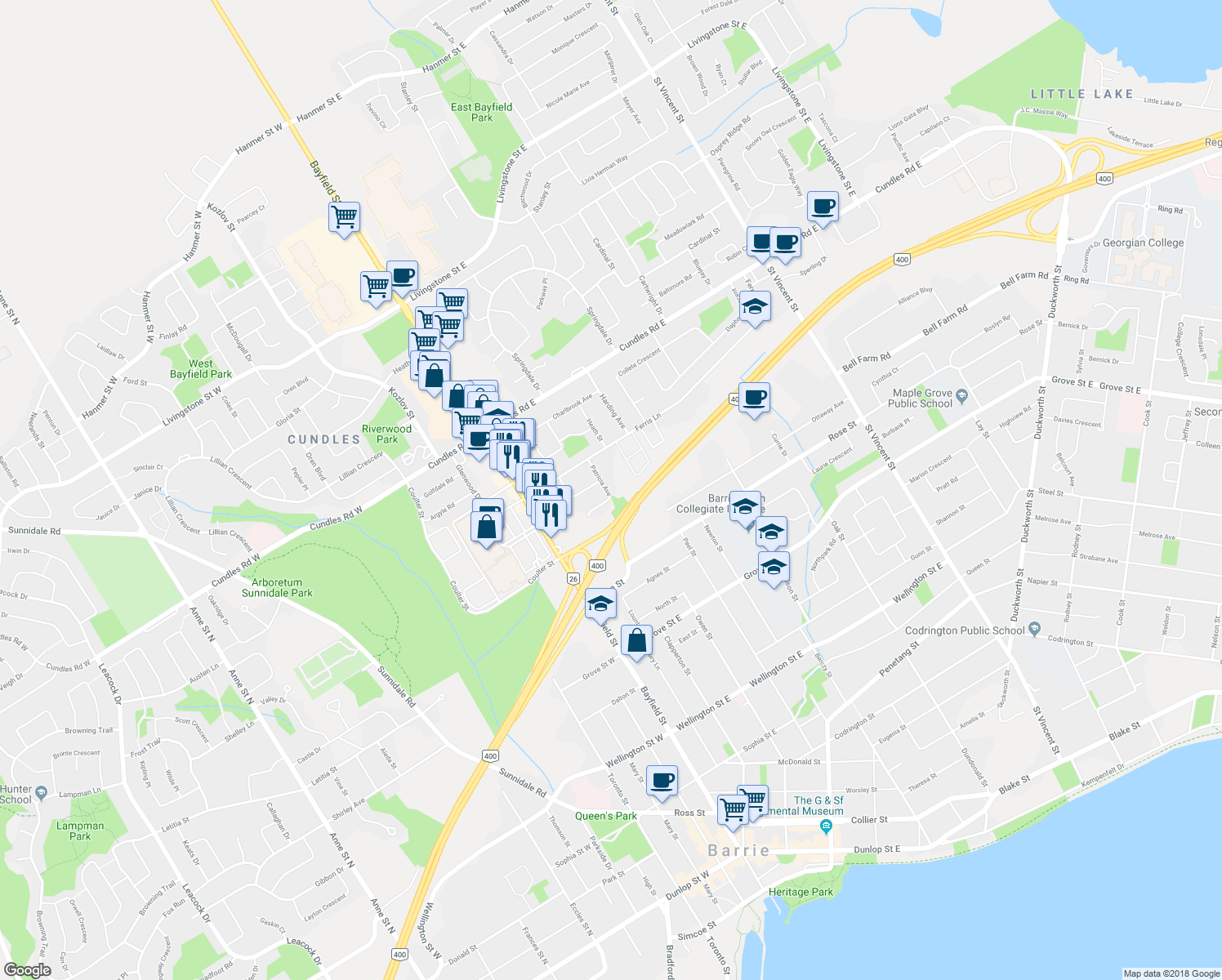 map of restaurants, bars, coffee shops, grocery stores, and more near 15 Patricia Avenue in Barrie