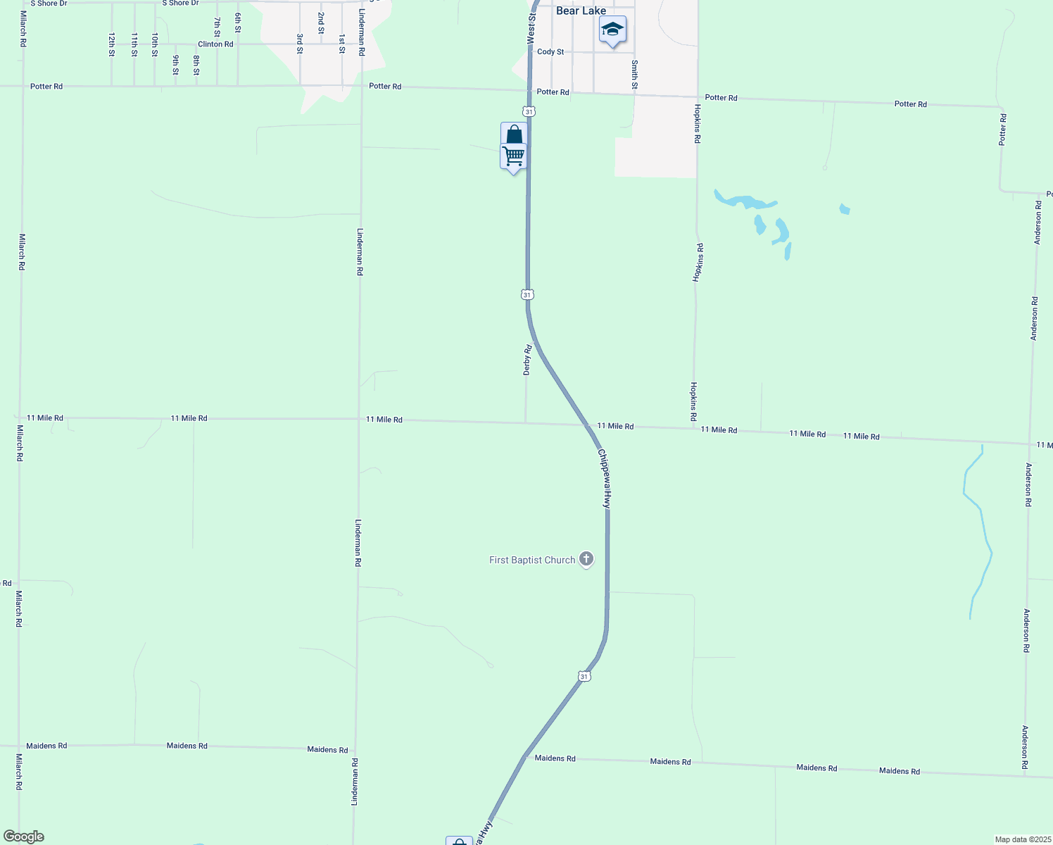 map of restaurants, bars, coffee shops, grocery stores, and more near 7674 11 Mile Road in Bear Lake