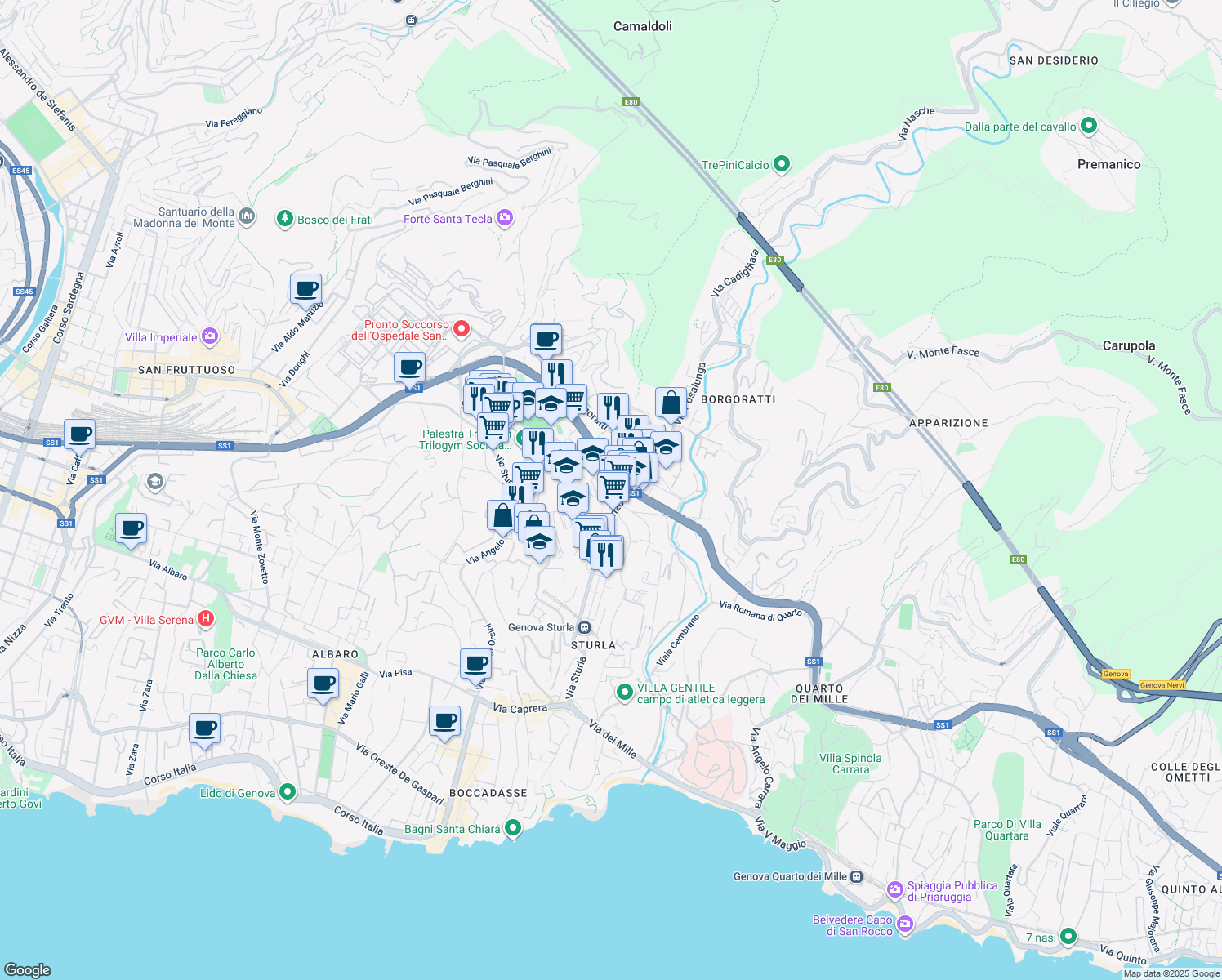map of restaurants, bars, coffee shops, grocery stores, and more near 14 Via Pontetti in Genoa