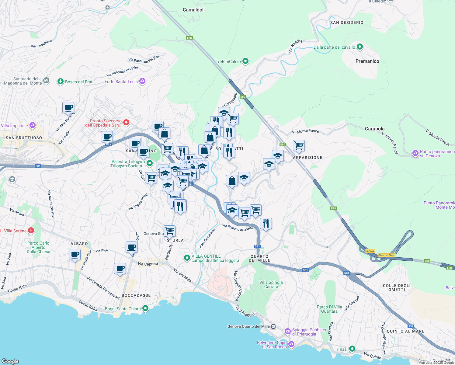 map of restaurants, bars, coffee shops, grocery stores, and more near 84 Via Giulio Tanini in Genova