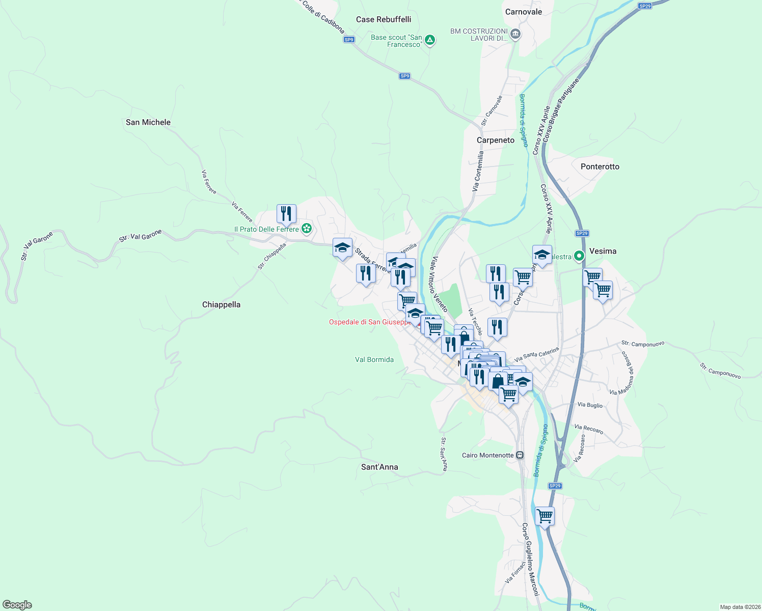 map of restaurants, bars, coffee shops, grocery stores, and more near 6 Via Poggio in Cairo Montenotte