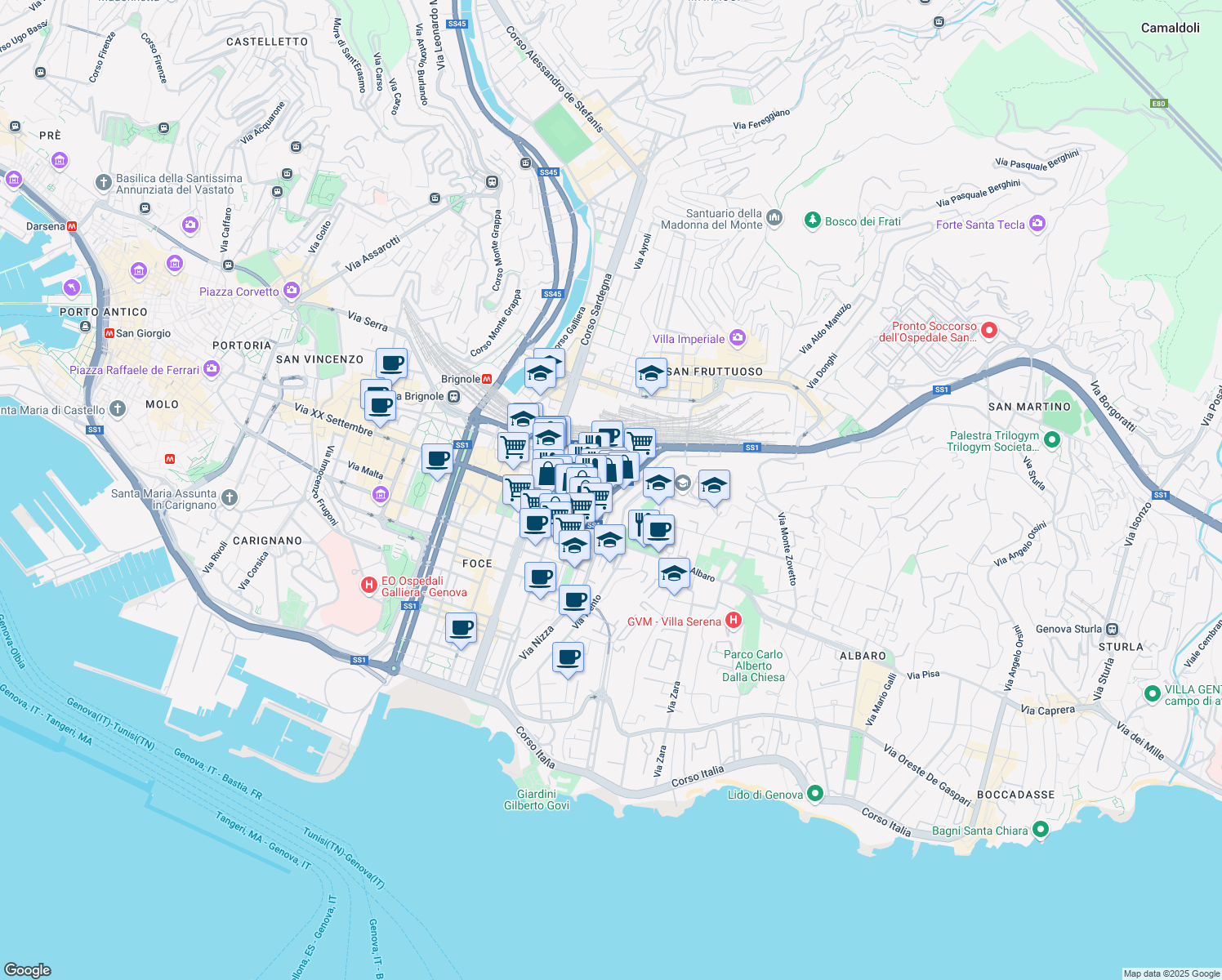 map of restaurants, bars, coffee shops, grocery stores, and more near 2 Via Montevideo in Genoa