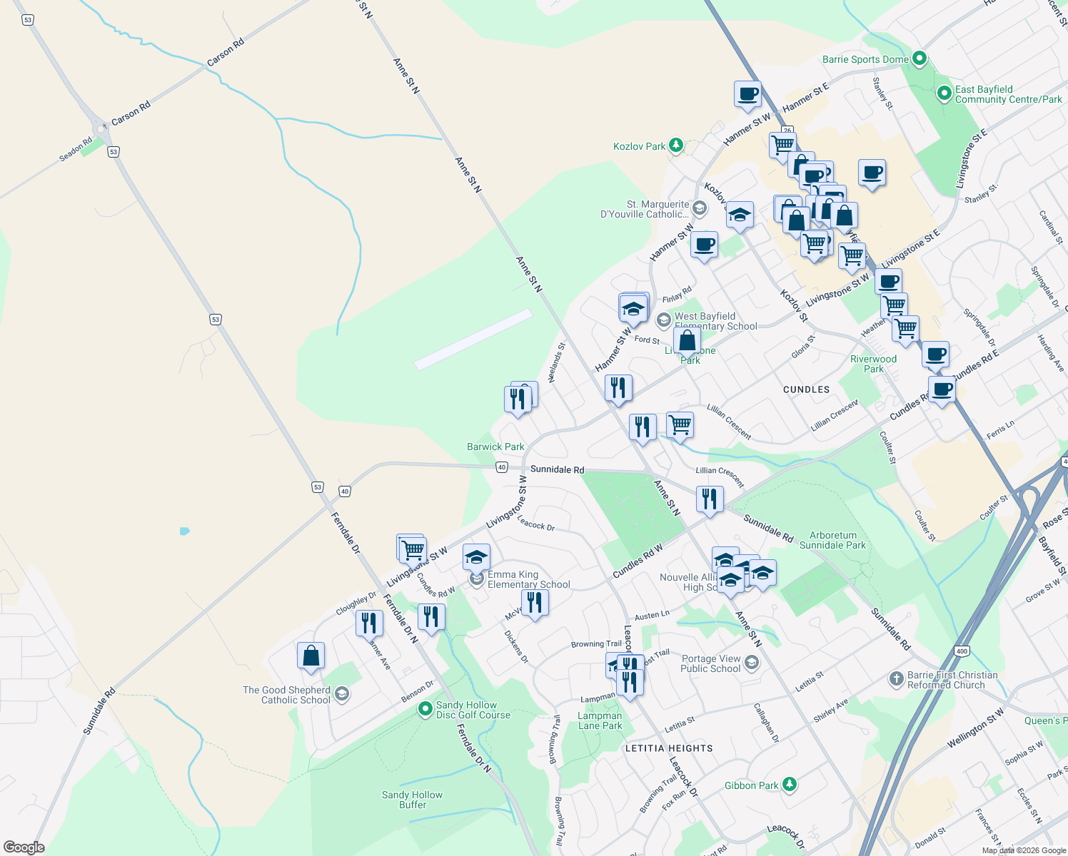 map of restaurants, bars, coffee shops, grocery stores, and more near 6 Balliston Road in Barrie