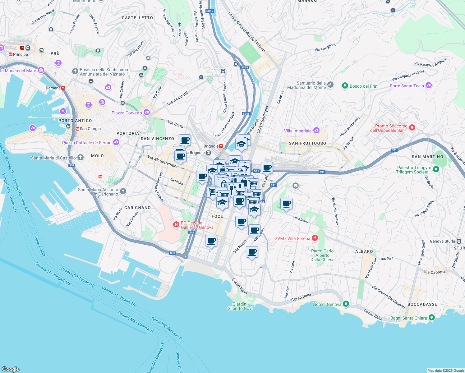 map of restaurants, bars, coffee shops, grocery stores, and more near 2A Passo Antiochia in Genova
