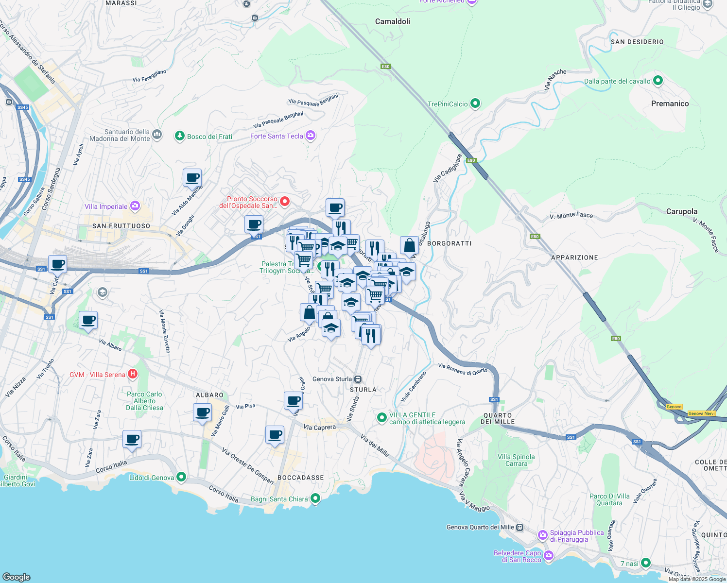 map of restaurants, bars, coffee shops, grocery stores, and more near 14 Via Pontetti in Genova